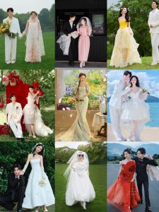 ชุดแต่งงานแบบสวมคลุมคอสำหรับคู่รัก ชุดราตรีสไตล์ใหม่ปี 2025 สำหรับการถ่ายภาพในสวนกลางแจ้ง ชุดเดรสยาวคลุมเข่า