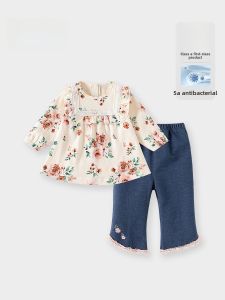 Spring Autumn Childrens Cotton Outfit Set Girls Baby Toddler Little Kid Fashionable Elegant Peony Flower Print Clothes