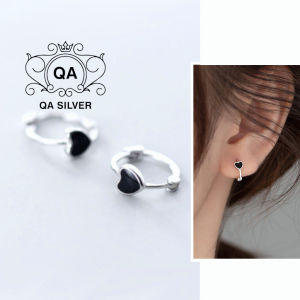 Khuyên tai bạc 925 tròn mặt trái tim đen bông nam nữ kẹp vành S925 HEART QA SILVER Earrings EA211105