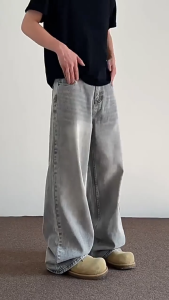 กางเกงยีนส์ผู้ชาย ทรงหลวม สีเทา สไตล์อเมริกันสไตล์เรโทรกระบอกใหญ่ baggy jeans