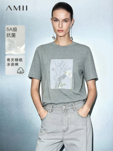 AMII | Relief Floral Print Letter Embroidery Stretch Cotton T-Shirt