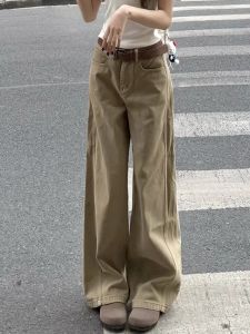 Quần Jeans Ống Rộng Cạp Cao Màu Kaki Phong Cách Mỹ Cho Nữ Quần Dài Dài Đến Sàn Thiết Kế Ôm Dáng Quần Jeans Thường Ngày