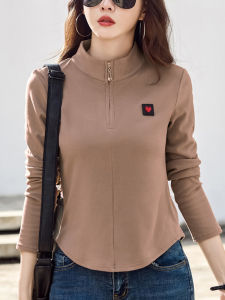 Pure Cotton Long Sleeve Stand Collar Slim Fit Womens Base Shirt Spring Fashionable Outerwear T-Shirt Short Style Top