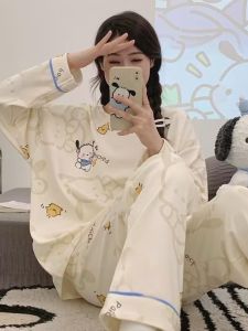New Womens Cotton Pajamas Long Sleeve Loose Fit Home Clothes Set Spring Autumn Cartoon Print Comfortable Sleepwear