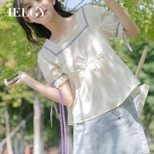 IELGY Short-sleeved Shirt Womens New Academic Style Sweet Lace-up Design Small Shirt Loose Top