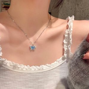 Dây Chuyền Bướm Pha Lê Xanh Lãng Mạn Dành Cho Nữ Thiết Kế Đơn Giản Zircon Sáng Bóng Kiểu Choker Hai Lớp Chuỗi Kim Loại Cổ Điển Trang Sức Dự Tiệc