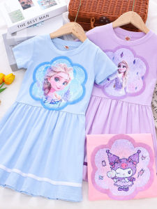 Girls Cotton Glitter Dress Summer New Style Cartoon Short Sleeve Change Color Dress Breathable Comfortable mid Waist Skirt
