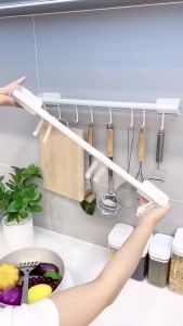 Wall Hanging kitchen Organizer 60CM 12 Movable Hooks Hanging Rack Kitchen Stainless Steel Storage Rack Free Punching