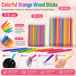 20/50Pcs Double-Ended Orange Wood Sticks for Nails –Cuticle Pusher & Rhinestone Picker Nail Art Dotting Tool Glue Removal Em