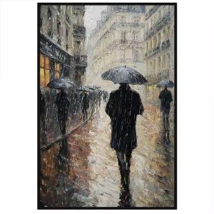 Tranh trời mưa phong cảnh người đàn ông che dù đi trên đường phố chiều mưa nặng hạt.Tranh treo tườngdán tường.CGI-1260