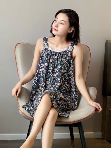 Summer Thin Korean Style Sweet Cotton Silk Slip Dress Loose Womens Nightgown Gown Printed Casual Home Clothes Summer Dress