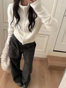 Quần Ống Đứng Cạp Cao Màu Xám Giản Dị Thanh Lịch Cho Nữ Mùa Thu Quần Ống Rộng Đa Năng Thon Gọn Dài Đến Sàn