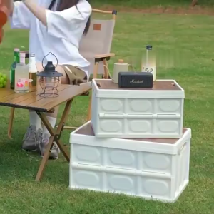 Isidoro.os Storage Box with Wooden Lid 55L Large Outdoor Table Box Plastic Foldable Storage Organizer
