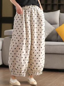 กางเกงขายาวทรงหลวมเอวสูงผ้าลินินผสมคอตตอนลายจุดสำหรับผู้หญิง กางเกงขายาวทรงหลวมสไตล์ลำลอง ฤดูร้อน 2025