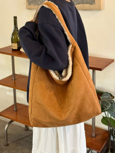 Korean Retro Double-Sided Plush Tote Bag Large Capacity Lamb Fur Single Shoulder Bag Commuter Bag Soft Handbag Pure Color