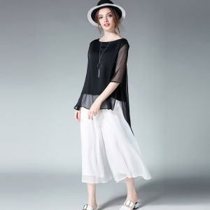 Summer 2025 plus Size Womens Loose Slimming Two-Piece Set Trendy Age-Defying Chiffon Ensemble Street Style Polyester Cotton Blend