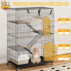 4 Layer Cat Cage With Wheels Foldable Easy Assemble Cage For Cat Large Space Affordable Pet Cage