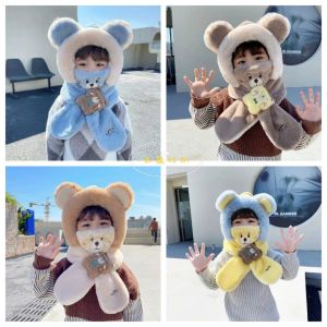 PICKIT ฤดูหนาวในฤดูหนาว ผ้าพันคอหมวก การ์ตูนน่ารักๆ หนาขึ้น หมวกป้องกันหู แฟชั่นสำหรับผู้หญิง สามชิ้นค่ะ ผ้าพันคอไขว้คอ สำหรับเด็กๆ