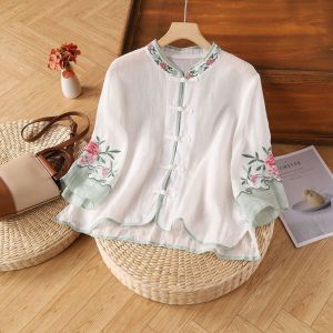 LUCKIN STORE Cotton Linen Blouse Women Retro Ethnic Embroidery Top Summer New Chinese Style Womens Loose Artistic Buckle Color Blocked 3/4 Split Sleeve Shirt