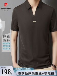 Pierre Cardin Spring Summer New Mens V-neck Short Sleeve Silk Polo Shirt Seamless Business Half Sleeve Fashion Urban Style