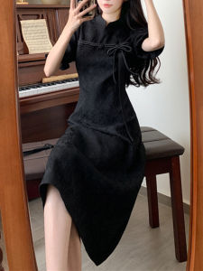 Plus Size New Chinese Style Fancy Black Jacquard Cheongsam Dress for Women Chubby Girl Slim Looking Belly Covering Anti-Aging Elegant Dress Summer