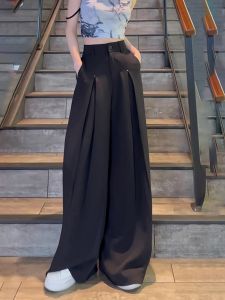 Black Casual Floor-Length Suit Pants Loose Pleated Design High Waist Slimming Popular Autumn New Style Womens Fashion Trousers