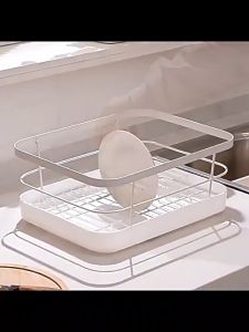 AKAPE - Dish Drying Rack Metal Kitchen Drain Rack Kitchen Organizing Storage with Drainboard for Tableware Plate Bowl (With Plastic cutlery Basket)