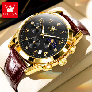 OLEVS watch for men waterproof New 2025 original business fashion Top multifunctional luminou moon phase genuine leather quartz watch