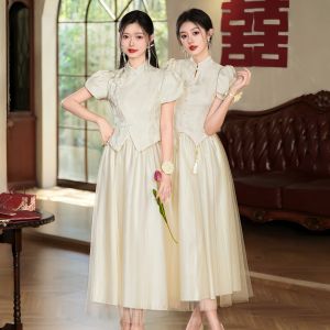Chinese Style Maidsmaid Dress Womens 2025 New Summer Short Sleeve Long A-Line Skirt Wedding Ceremony Party Performance Gown