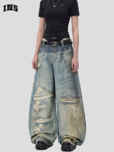 3D Printed Multi Waistband Ripped Jeans Loose Fit