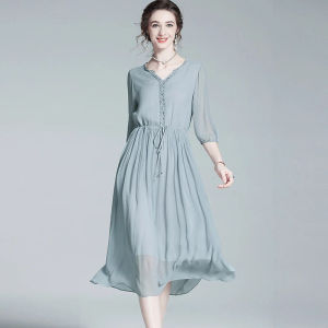 Silk Dress Young Elegant Lady Brand Name 2025 New Summer High-end  Silk Long V-neck Short Sleeve A-line Gown