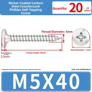 JINJUNTAI | Self Tapping Cross Slot Flat Head Coarse Thread Screw M5