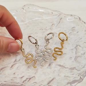 Lokaer Stylish 316L Stainless Steel Rhinestone Snake Hoop Earrings Statement Gold Color Texture Waterproof Jewelry Women E24106