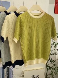 Summer Short Sleeved Knitted Top Women Round Neck T-shirt Breathable Casual Top