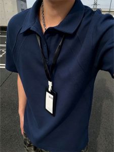 LIUBU | Navy American Style Polo Shirt Regular Shoulder Summer Box Fit Ribbed Stitching