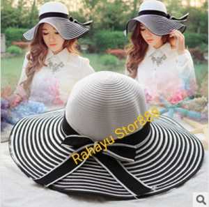 Topi Pantai ter baru Sun Beach Hat Straw Stripe topi pantai bergaris hitam dan putih topi matahari