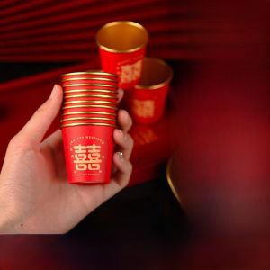 Wedding Disposable Small Mouth Paper Cups Red Double Happiness Character Tea Water Cups Home Use Thickened Small Size Drinking Glasses