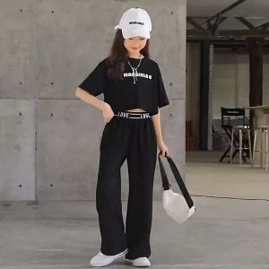 ZANRA Girls suit clothes girl summer new childrens foreign style net red childrens short sleeved top wide leg pants two-piece set