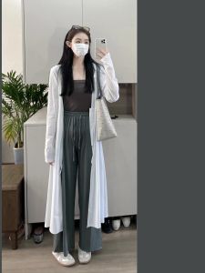 White Long Loose Womens Summer 2024 Outdoor Breathable Lightweight Hooded Zipper Closure Sun Protection Outerwear Coat