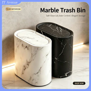 Marble Trash Bin White and Black with Marble Pattern Soft-Close Lid Odor Control Elegant Storage for Bathroom Living Room Porch Lounge