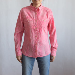 Womens Outdoor Hiking Mountain Climbing Sun Protection Breathable Quick Dry Long Sleeve Plaid Shirt Lightweight Travel Gear