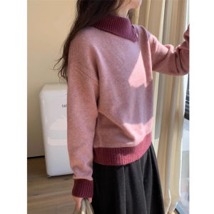 Color Block High Neck Knitted Sweater Womens Autumn Winter Loose Slimming Comfortable Design Long Sleeve Cashmere Top