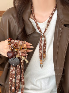 Long Beaded Heart Floral Silk Scarf Necklace Womens Retro Ethnic Style Mermaid Sweater Chain Fashion Accessory Jewelry