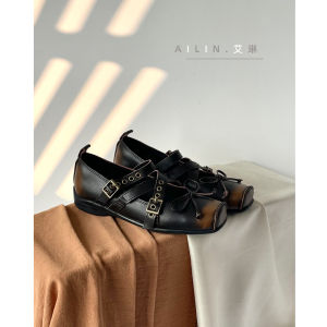 Ailin Handmade High-End Ballet Flat Shoes Leather Vintage Cross-Band Flat Heel Square Head Single Shoes Butterfly Knot Flats