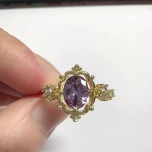 Huitan Women Gold Color Ring Aesthetic Design Inlaid Bright Purple Cubic Zirconia Fashion Wedding Engagement Accessories Jewelry