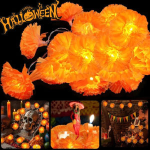 ดอกไม้ดอกดาวเรืองปลอมสำหรับฮาโลวีนไฟสายประดับพวงมาลัยดอกดาวเรืองประดิษฐ์โคมไฟ LED ของตกแต่งงานปาร์ตี้กลางแจ้งสำหรับวันฮาโลวีน