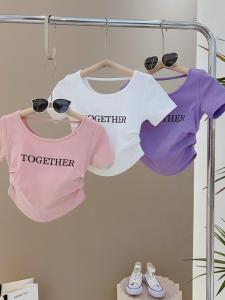 Girls Summer Slim Fit Short Sleeve T-Shirt Irregular Pure Color Childrens Versatile Top Korean Style round Neck Dry Fast