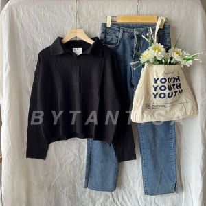 Atasan wanita kerah polo  pakaian crop blus wanita korea terbaru  collar blus crop