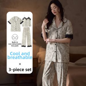 LEZIMENG | Ice Silk Lace Printed Womens Pajama Set