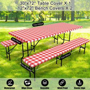 3PC Set Picnic Table Cover Bench Covers Waterproof Elastic Tablecloths for Rectangle Tables Plaid Tablecloth for Outdoor Camping